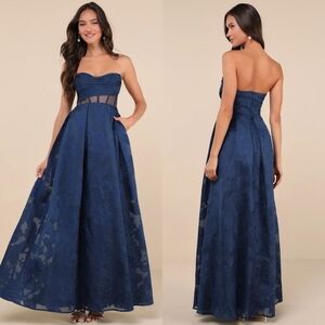 Lulus Enhanced Elegance Navy Jacquard Strapless M Dress with Pockets Wedding NWT